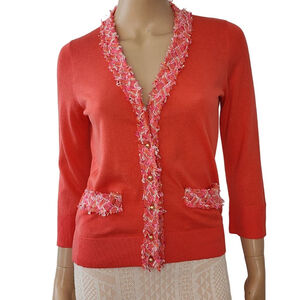 KATE SPADE Coral Pink Silk Cotton Gold Button Cardigan Sweater S